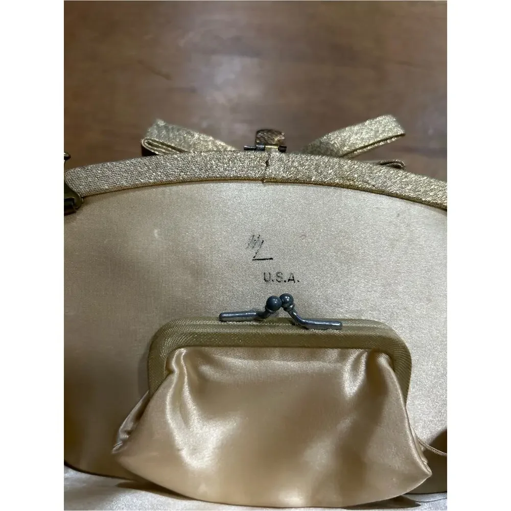 Vintage Gold Lamé Evening Bag Jeweled Clasp w/kiss lock Coin Purse USA Made